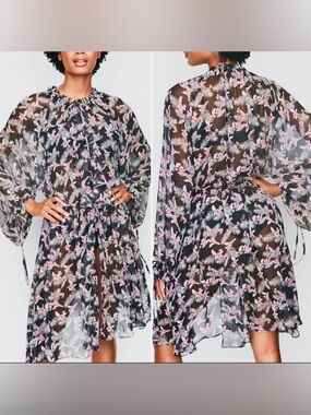 VICTORIA SECRET, Black Floral Chiffon Kimono Sheer Tie-Waist Duster Robe, XS/S